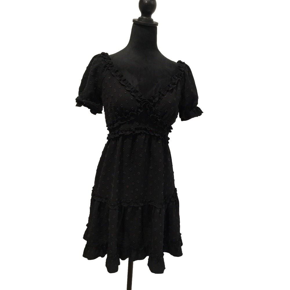 4 Hearts Black Tiered  Mini Dress With French Knot Embroidery medium